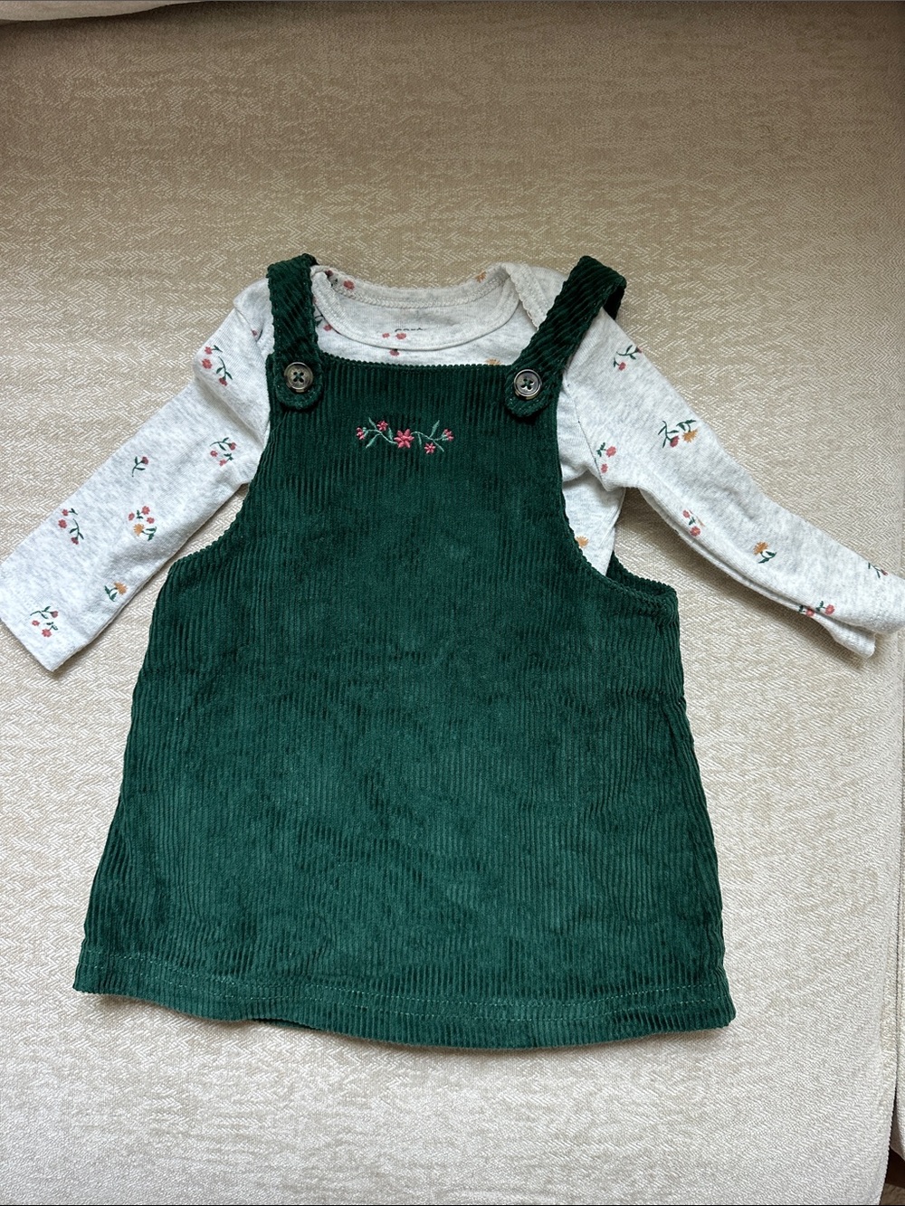 Carter's Dark Green Corduroy Pinafore Dress with Floral Accent